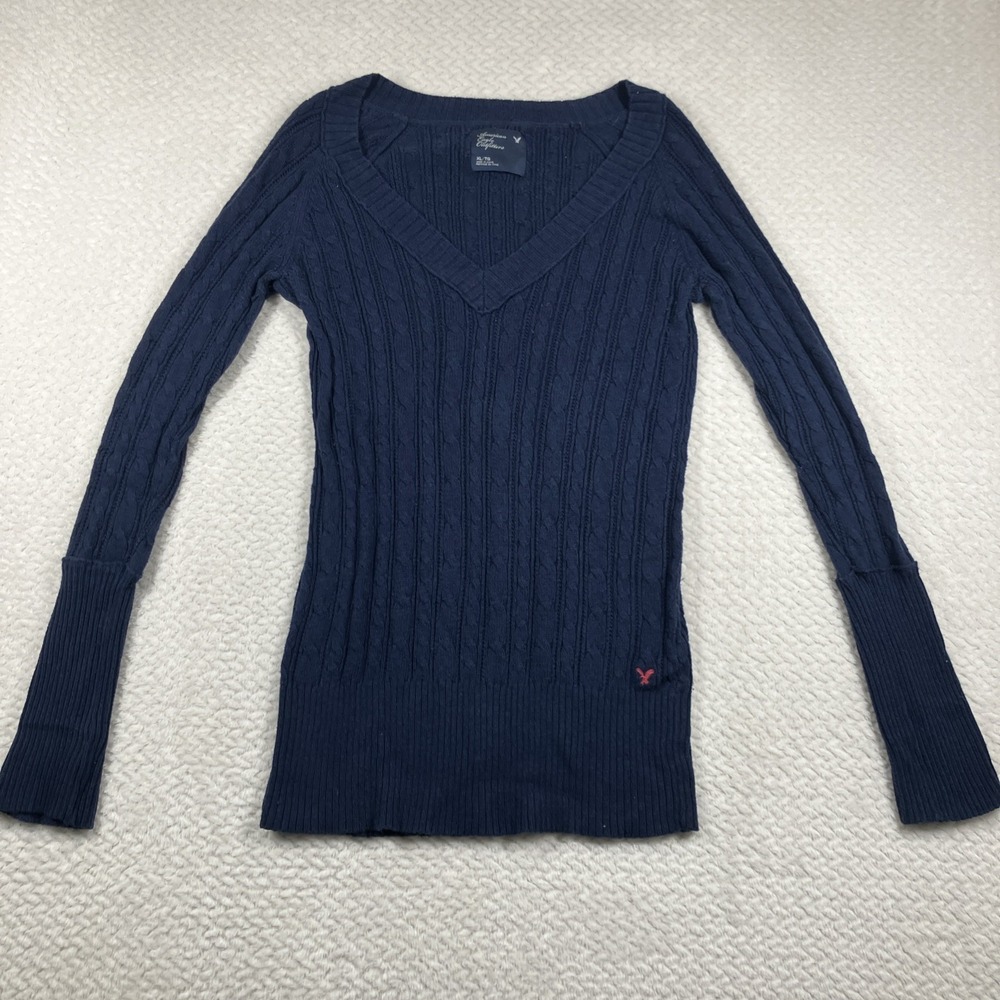 Y2K American Eagle Blue Cable Knit Sweater Size XL Early 2000's Academia‎ Preppy